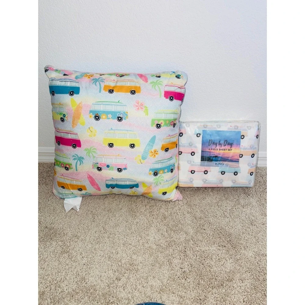 New Retro Camper Van King Sheet Set & Matching Reversible Pillow 5PC Beach Surf